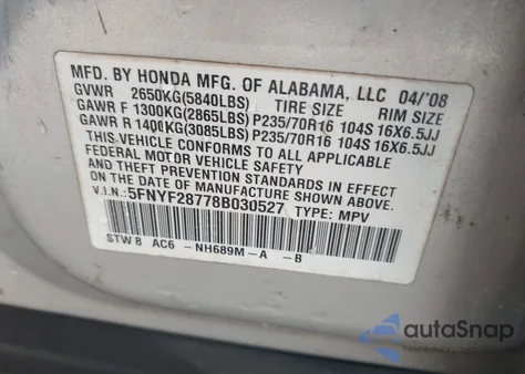 2008 Honda Pilot Ex-L z USA, uszkodzony, nr VIN 5FNYF28778B030527